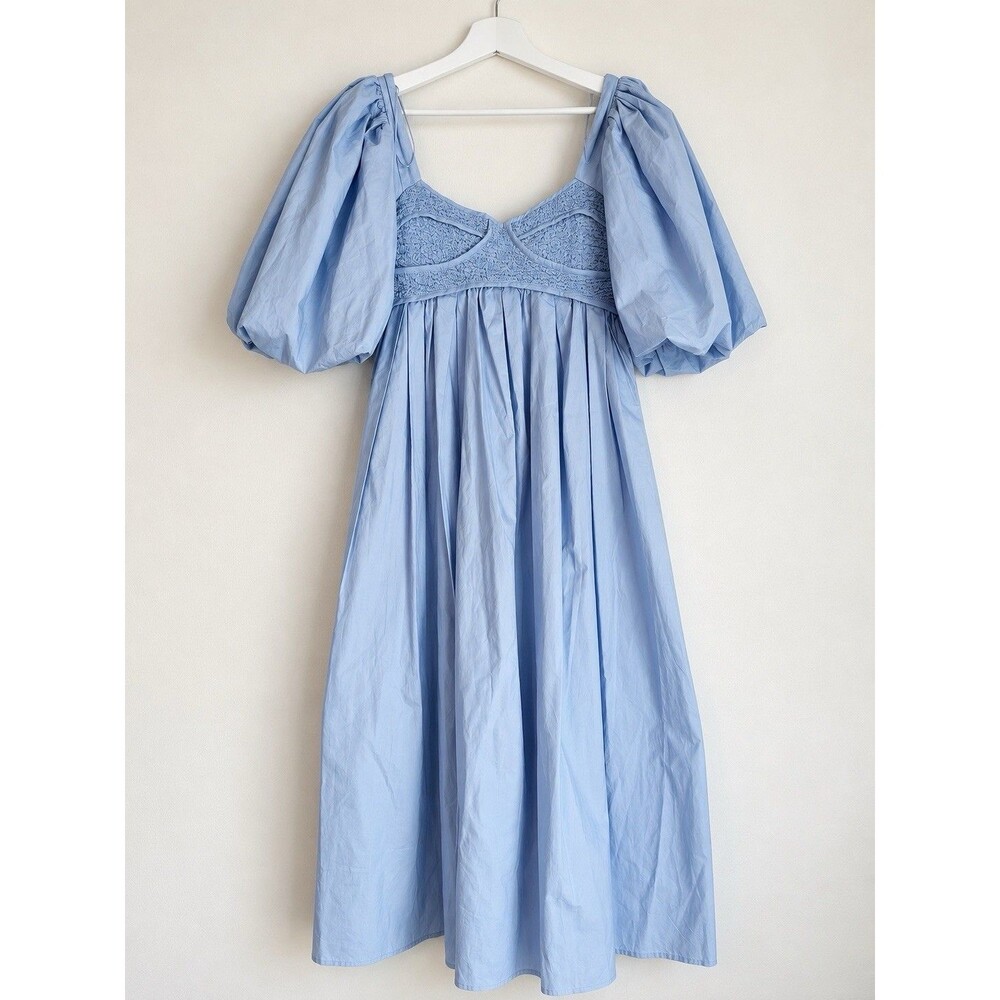 Vestique Blue Puff Sleeve Smocked Bust Midi Maxi Dress Size L 100% Cotton